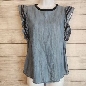 Current Air Blue Ruffled Flutter Sleeve Blouse Boho Preppy Sz S
